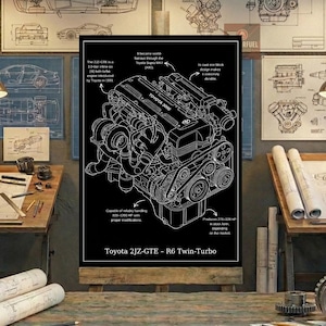 Toyota Twin-Turbo Engine Blueprint Art - Black and White Line Drawing - Mechanic Gift - Digital Download