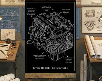 Toyota Twin-Turbo Engine Blueprint Art - Black and White Line Drawing - Mechanic Gift - Digital Download