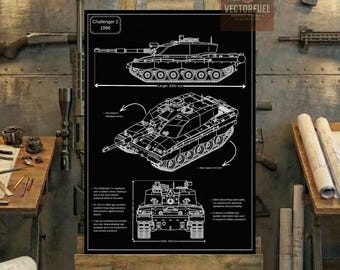 Plano técnico del tanque Challenger 2 / Dibujo técnico imprimible / Tanque principal de combate británico