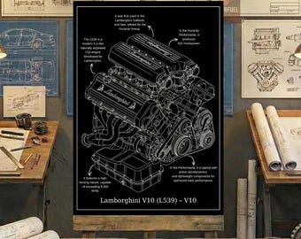 Dibujo artístico del motor Lamborghini V10 - Dibujo lineal en blanco y negro - Regalo para mecánico - Descarga digital