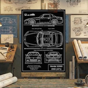 Puede incluir: Póster negro con un plano detallado de un Honda S2000. Muestra vistas laterales, superiores, frontales y traseras, junto con especificaciones técnicas. El póster está sobre un caballete de madera.