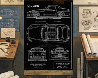 Honda S2000 2000 (AP1) Blueprint Wall Art | Printable Technical Drawing