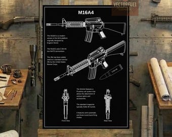 M16A4 USMC Service Rifle Technical Blueprint Wall Art | Printable Technical Drawing