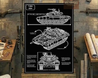 Plano técnico del tanque de batalla principal T-90A / Dibujo técnico imprimible