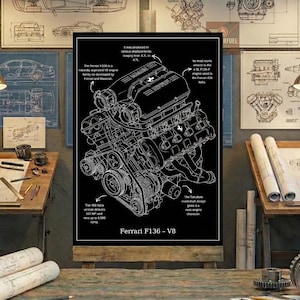 Ferrari V8 Engine Blueprint Art - Black and White Line Drawing - Mechanic Gift - Digital Download
