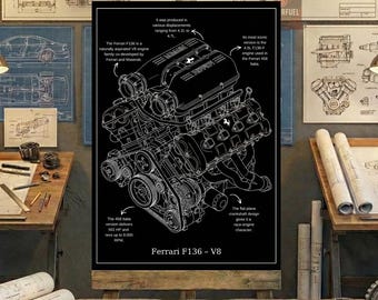 Ferrari V8 Engine Blueprint Art - Black and White Line Drawing - Mechanic Gift - Digital Download