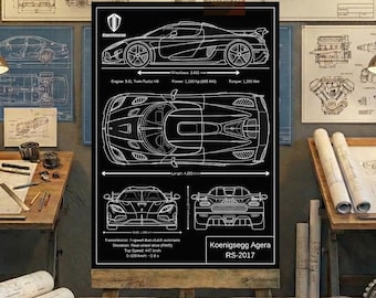 Koenigsegg Agera RS-2017 Blueprint Wall Art | Printable Technical Drawing
