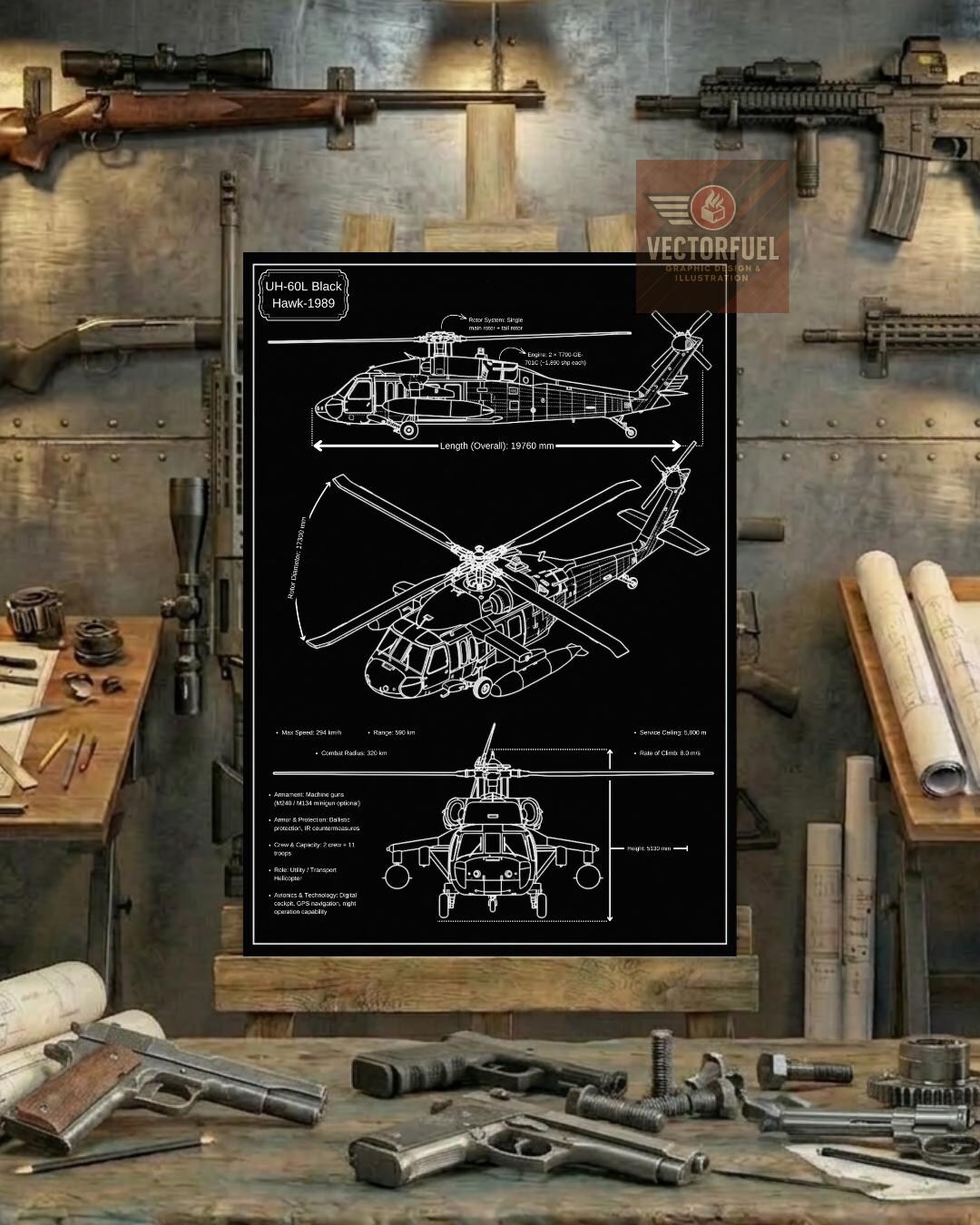 UH-60L Black Hawk Technical Blueprint Art | Printable Technical Drawing ...