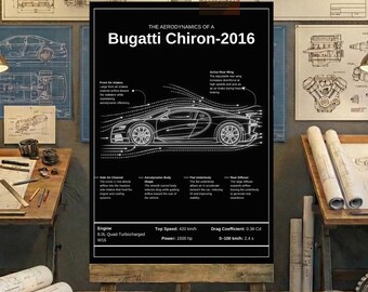 Bugatti Chiron-2016 Aerodynamics Blueprint Poster - Car Wall Art - Supercar Print