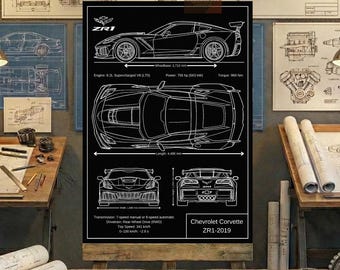 Chevrolet Corvette ZR1-2019 Blueprint Wall Art | Printable Technical Drawing