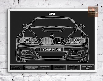 Personalized BMW M3 E46 Blueprint - Custom Name Plate - Digital Car Art