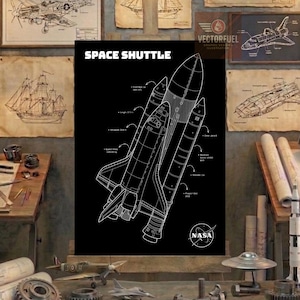 Puede incluir: Un póster negro con un dibujo lineal blanco de un transbordador espacial con el texto SPACE SHUTTLE en la parte superior y NASA en la inferior. El diagrama incluye etiquetas técnicas y datos como longitud 37,2 m, envergadura 23,8 m y masa de lanzamiento 109.000 kg.