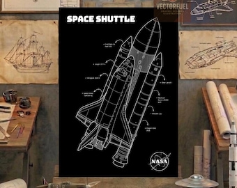 Space Shuttle Blueprint Poster, STS Spacecraft Technical Drawing | Space Exploration Wall Decor