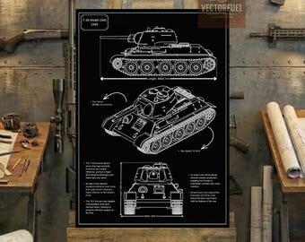 Plano técnico del tanque T-34 / Dibujo técnico imprimible / Segunda Guerra Mundial soviética