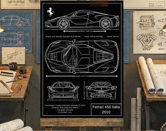 Ferrari 458 Italia 2010 Blueprint Wall Art | Printable Technical Drawing