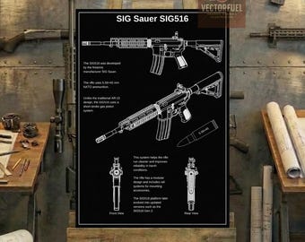 SIG Sauer SIG516 Technical Blueprint Wall Art | Printable Technical Drawing