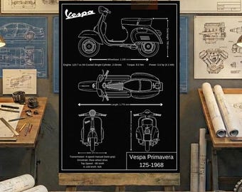 Vespa Primavera 125 1968 Blueprint Wall Art | Printable Technical Drawing