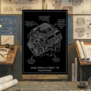 Dodge Hellcat HEMI Supercharged V8 Engine Blueprint Art - Black and White Line Drawing - Mechanic Gift - Digital Download