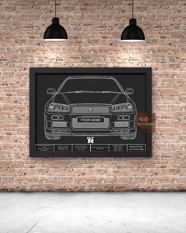 Car Bulprint Gt R R34 Personalized Nissan Skyline R34 GT-R Blueprint - Custom Name Plate ...