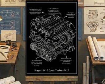 Bugatti W16 Engine Blueprint Art - Black and White Line Drawing - Mechanic Gift - Digital Download