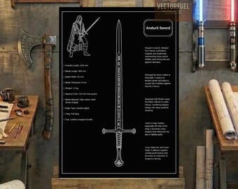 Plano técnico de la espada Anduril / Dibujo técnico imprimible / Llama del Oeste