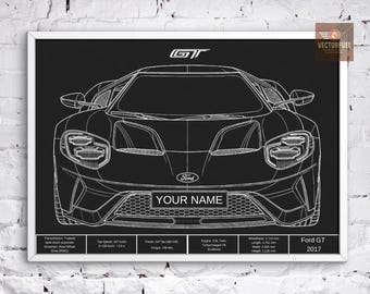 Personalized Ford GT 2017 Blueprint - Custom Name Plate - American Supercar Art