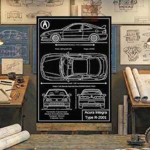 Puede incluir: Un póster de plano técnico en blanco y negro de un Acura Integra Type R de 2001. La impresión muestra vistas laterales, superiores, frontales y traseras del coche con especificaciones técnicas que incluyen un motor de 1.8L, 195 hp y transmisión manual de 5 velocidades.