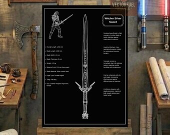 Plano técnico de la espada plateada de The Witcher / Dibujo técnico imprimible / Regalo de fantasía