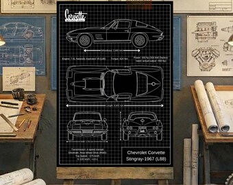 Chevrolet Corvette Stingray-1967 (L88) Blueprint Wall Art | Printable Technical Drawing