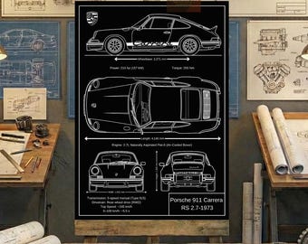 Porsche 911 Carrera RS 2.7-1973 Blueprint Wall Art | Printable Technical Drawing