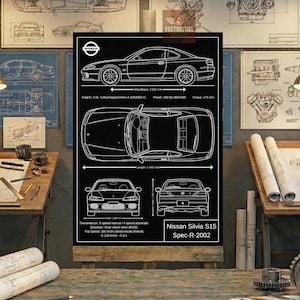 May include: A black poster featuring white technical line drawings of a Nissan Silvia S15 Spec-R-2002. The print displays side, top, front, and rear views with technical specifications including a 2.0L engine, 250 hp, and a length of 4,445 mm.