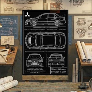 Könnte beinhalten: Ein schwarzes Poster mit weißen technischen Strichzeichnungen eines Mitsubishi Lancer Evolution IX-2006. Der Druck zeigt Seiten-, Draufsicht-, Front- und Heckansichten mit technischen Daten wie Motor, Leistung, Drehmoment und Abmessungen in Millimetern.