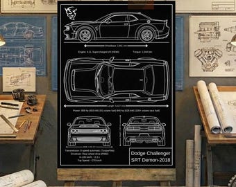 Dodge Challenger SRT Demon-2018 Blueprint Wall Art | Printable Technical Drawing