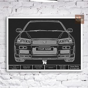 May include: A framed black and white blueprint-style illustration of a Nissan Skyline GT-R R34 1999 car. The image includes the text "YOUR NAME" and "VECTOR FUEL". The car's specifications are listed below the car.