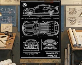 BMW M4 CSL 2023 (G82) Blueprint Wall Art | Printable Technical Drawing