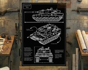 Plano técnico del tanque Leopard 2A7 / Dibujo técnico imprimible / Póster del tanque principal de batalla alemán