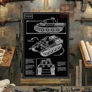 Może przedstawiać: Czarno-biały plan czołgu Panther z szczegółowymi schematami i specyfikacjami. Plakat zawiera tekst i wymiary, z bronią palną i narzędziami w tle.