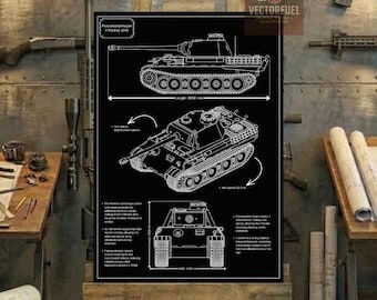 Plano técnico del Panzer V Panther / Dibujo técnico imprimible / Póster de tanque de la Segunda Guerra Mundial