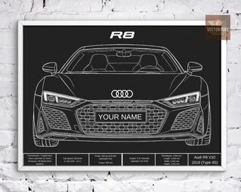 Personalized Audi R8 V10 Blueprint - Custom Name Plate - Digital Supercar Art