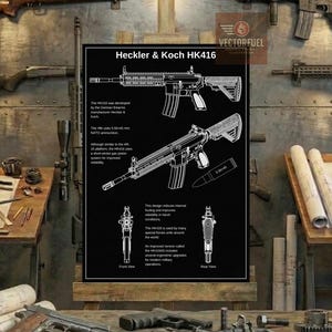 HK416 Decoración de Operaciones Especiales Plano Técnico Arte de Pared / Dibujo Técnico Imprimible