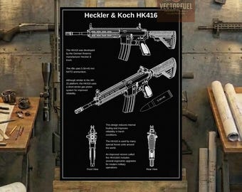 HK416 Special Ops Decor Technical Blueprint Wall Art | Printable Technical Drawing