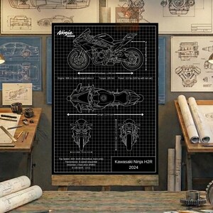 Kawasaki Ninja H2R – blauwdrukmuurkunst 2024 | Afdrukbare technische tekening