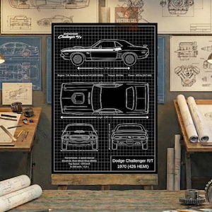 Dodge Challenger R/T 1970 (426 HEMI) Blueprint Wall Art | Printable Technical Drawing