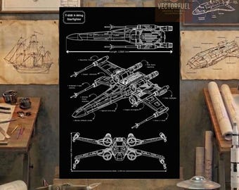 T-65B X-Wing Starfighter Technical Blueprint Art | Digital Download A4 | Star Wars Decor