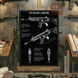 Puede incluir: Un diagrama en blanco y negro del rifle FN SCAR-L (MK16), con vistas detalladas y especificaciones. La imagen incluye texto que describe las características del rifle y el tipo de munición. Varias armas de fuego se muestran en el fondo.