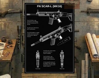 FN SCAR-L (MK16) Technical Blueprint Wall Art | Printable Technical Drawing