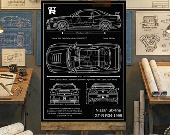 Nissan Skyline GT-R R34-1999 Blueprint Wall Art | Printable Technical Drawing