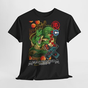 May include: Black t-shirt featuring a green dragon illustration with orange orbs. The design includes Japanese text and the word "MASTERMIND" with skull and crossbones. A red and blue emblem is also present.