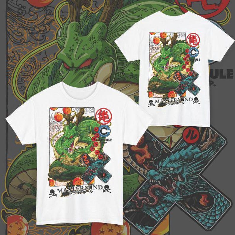 May include: White t-shirts with a green dragon graphic. The dragon design includes orange orbs, Japanese text, and the word "MASTERMIND". The background features a larger dragon illustration in green and blue.