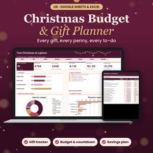 May include: A digital Christmas Budget & Gift Planner for Google Sheets and Excel displayed on a laptop and tablet screen. The interface features charts, progress bars, and tables tracking spending, gift lists, and countdowns in a dark maroon theme.